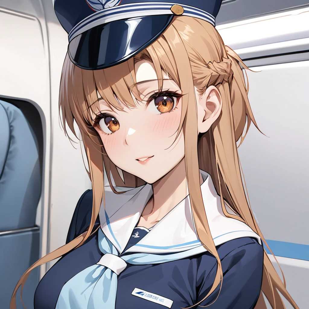 ((Highest quality)), ((masterpiece)), (detailed), (Perfect Face)、The woman is Yuuki Asuna, a flight attendant for Shandong Airlines, a Chinese woman with light brown, medium-long hair.、The woman is wearing a red Shandong Airlines flight attendant uniform, a uniform scarf and a uniform hat.