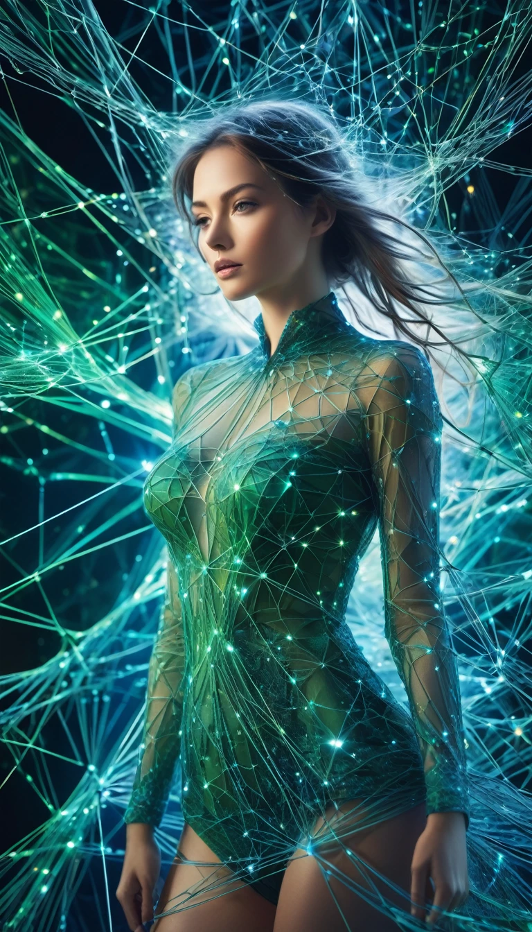 In a turbulent frenzy of ethereal light trails, a time-warped virtual neural network emerges, its intricate connections pulsing with digital energy. In the midst of the chaos, a beautiful, perfect and clear female body appears, looking straight ahead, her clothes blending in with the web. This abstract photograph captures the essence of a complex network frozen in a single moment. Each shiny thread intertwines with others, creating a fascinating network of data and information. The clarity and depth of the image are remarkable, showing the intricate details of the network with stunning clarity. Bright shades of blues and greens dance across the screen, inviting viewers to delve into the digital realm of innovation and technology.