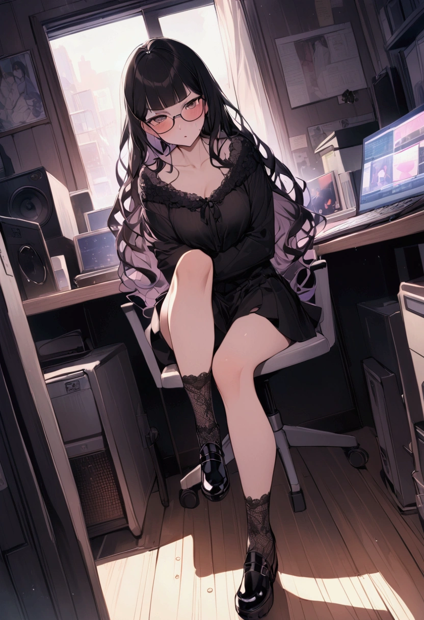 Dynamic composition,dutch angle,full body,Focus on legs,{{masterpiece}}, {{{Highest quality}}},{{Very detailed}},1girl,30years old,{Mature Woman}},otaku obsessed with fighting geeks,,{{Sit on a chair and take a rest}},{{raise one leg}},long-sleeved blouse, gothic and shoes,skirt,Lace high socks,glasses,clavicle,,{{v-shaped eyebrows}},Bad mood,blush,Sweat,raise one's eyebrows ,{{View your viewers}}、 long hair,Blunt bangs ,indoor、Computer Room