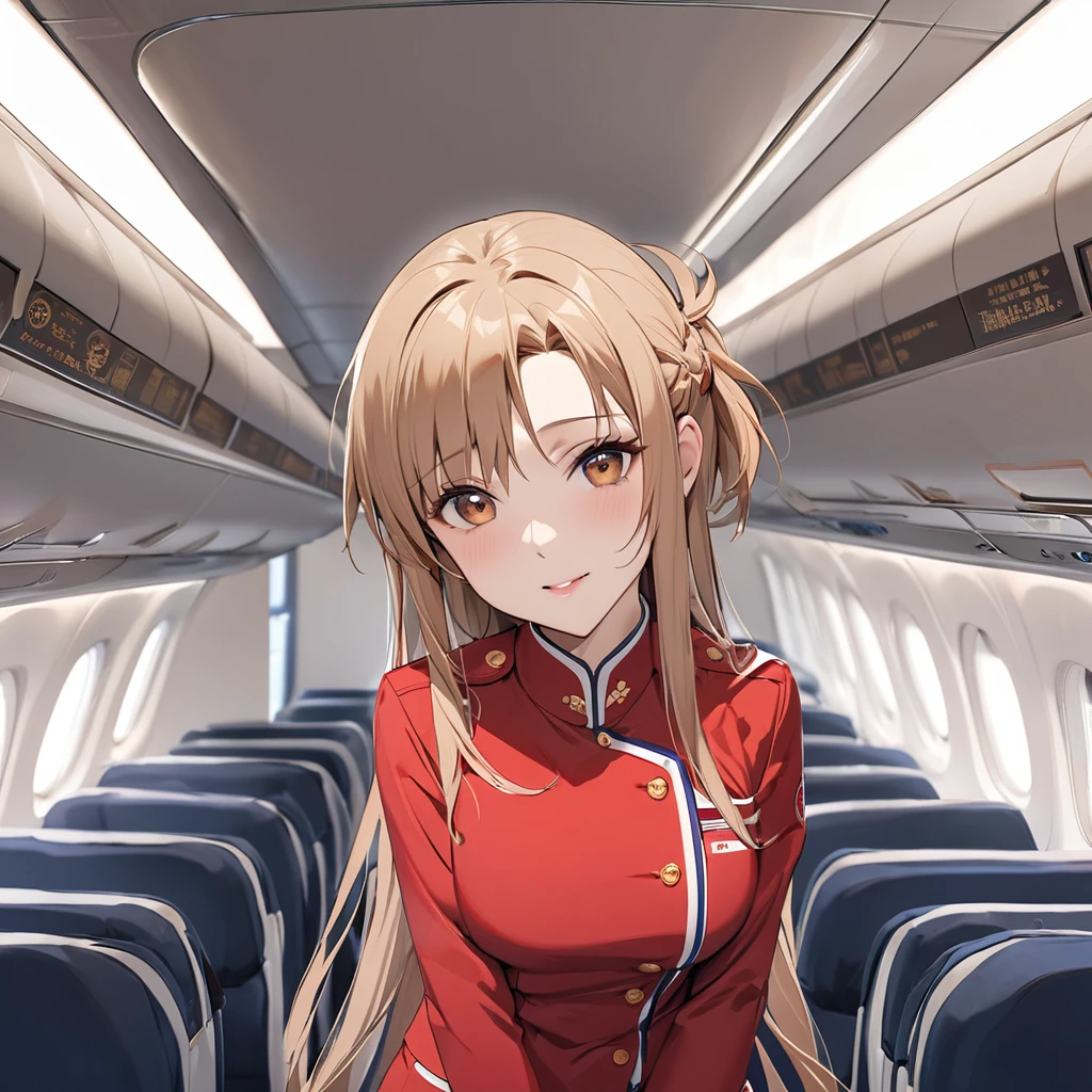 ((Highest quality)), ((masterpiece)), (detailed), （Perfect Face）、The woman is a Chinese woman with light brown, medium-long hair, named Yuuki Asuna, a flight attendant for Air China.、The woman is wearing the red uniform of an Air China flight attendant.