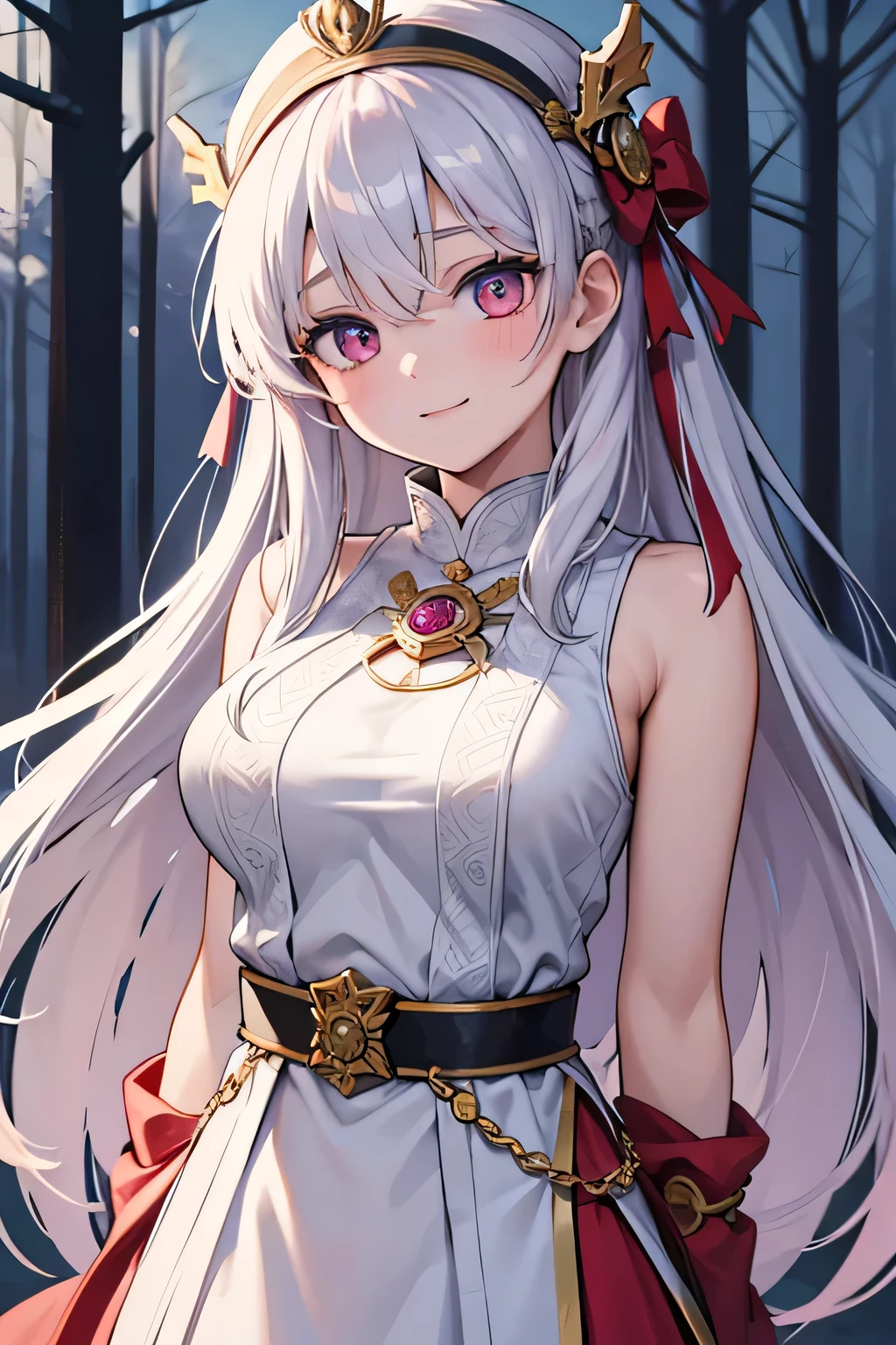 masterpiece, best quality, 16k, 1girl, solo, long hair, light hair, wavy hair, platinum hair, hair bangs, , (medium breasts:1.1), rating:safe, pink eyes, hair between eyes, evil smile, wearing a peplos, ancient greek dress, gold bracelets, arms behind back, head tilt, evil queen, royalty, goddess, majestic, ((outdoors, winter, winter forest)), face only, upper body