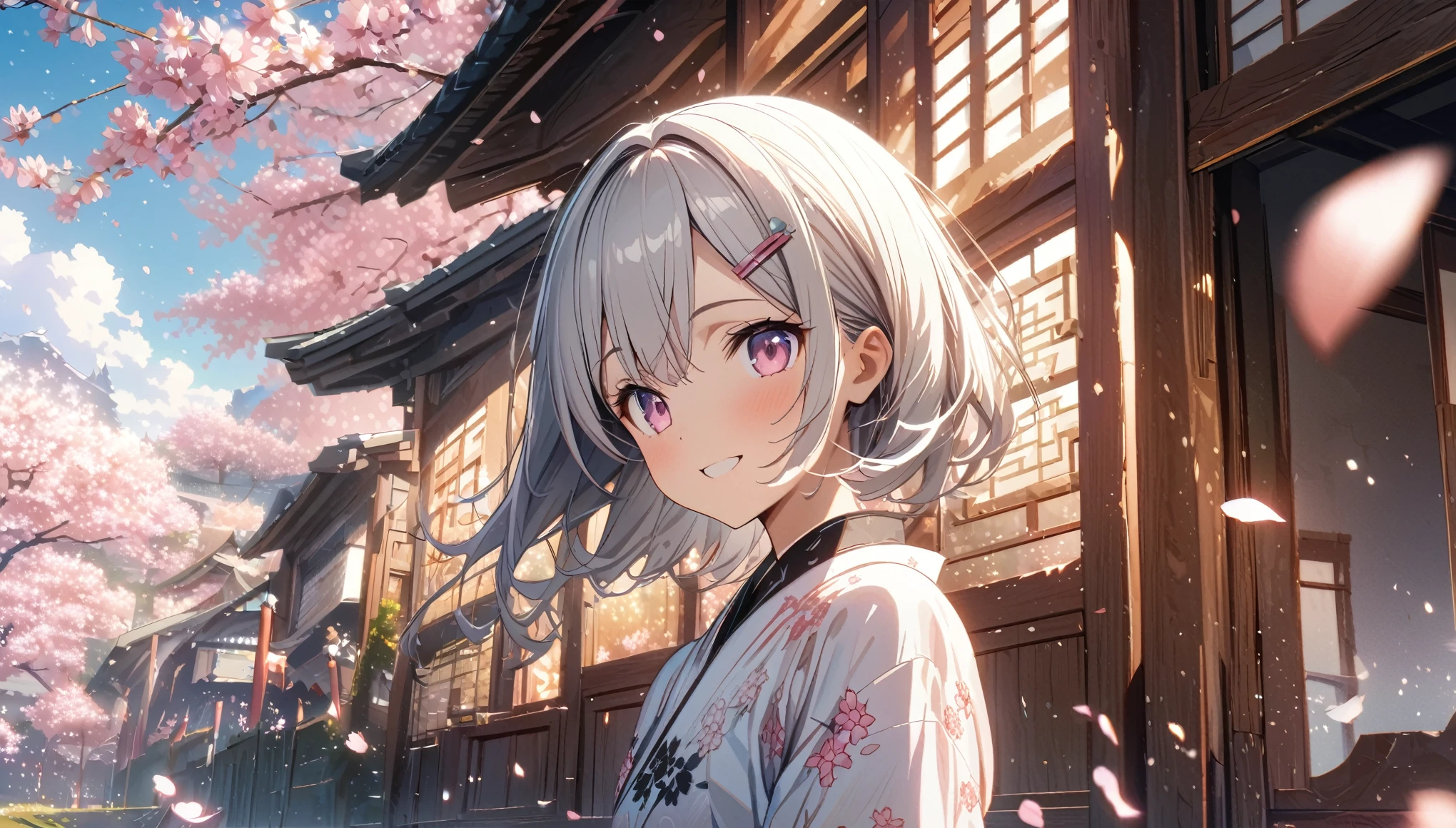 one girl, silver short hair and bob hair、I tied my hair in a bun with a hair clip..、beautiful pink eyes、smile、gentle smile on her face、flat chest, one Beautiful girl,((masterpiece, illustration, best quality) ((ultra-detailed))\Sunny day, standing under the cherry blossoms, Clothing、Japanese dress、White cherry blossom pattern、White cherry blossom embroidery pattern、A silver-haired、Beautiful face、Real Face、beautiful details eyes beautiful skin)、Hair flutters in the wind、Hair jumps、Pink cherry blossom tree、Petals flutter、Sakura blizzard、Superb view、morning glow、Sun in the background、the wind、Deities、tusk、myth、Vast Land、, 濃い青とBeautiful Blueのグラデーション, High resolution, 8K HD detail, hyper-detail, cinematic, surrealism, soft light, deep field focus bokeh, ray tracing and surrealism. --v6