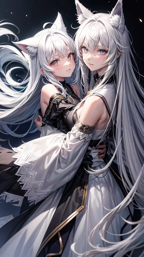 Two Women,Very white skin,Transparent((Facing each other,Put your hands together))Close-up Background((Center Part,Black and White,1：1)) Two Symmetrical Figures,Black and white,Facing each other,Mirror-Accurate Black Miasma,Dark Side Holy Light,Light Side Parallel World,Anime Style Despair and Happiness