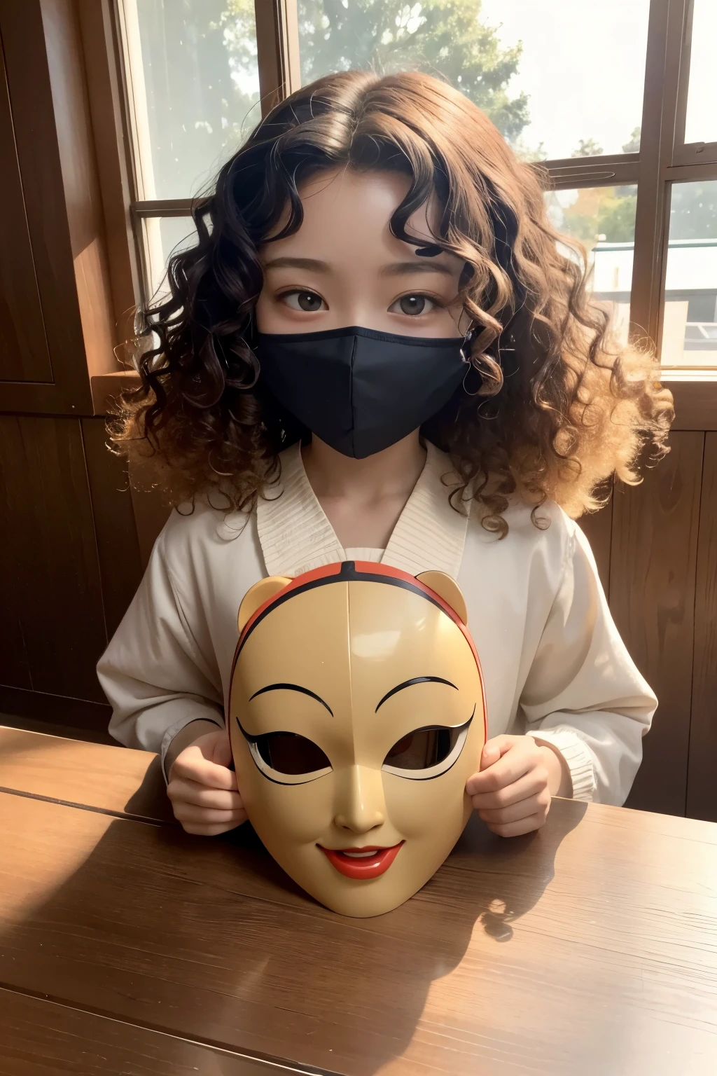 Character fiberglass mask, on top of a table, with sun rays hitting the mask, Curly hair mask, with a dark orange forelock, beige skin, eyes with eyes with a hole in the middle of the eye, just like characters from the Little Train of Joy, just the face of the mask