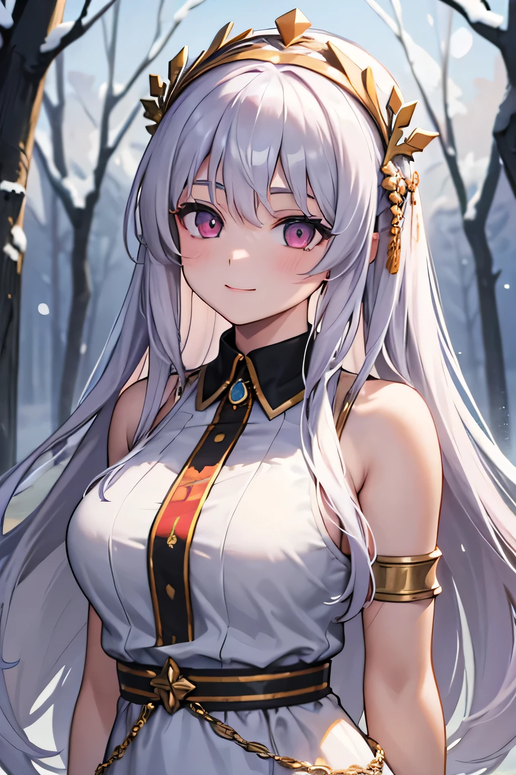masterpiece, best quality, 16k, 1girl, solo, long hair, light hair, wavy hair, platinum hair, hair bangs, , (medium breasts:1.1), rating:safe, pink eyes, hair between eyes, evil smile, wearing a peplos, ancient greek dress, gold bracelets, arms behind back, head tilt, evil queen, royalty, goddess, majestic, ((outdoors, winter, winter forest)), face only, upper body