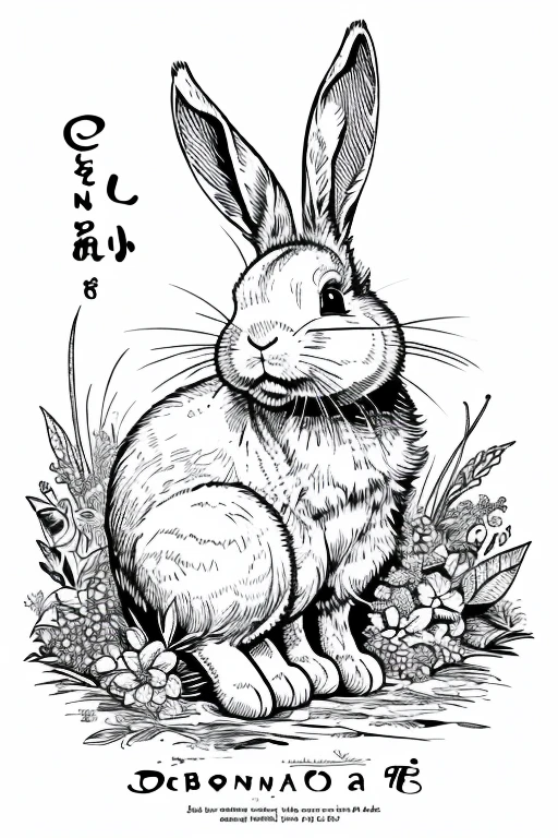 Drawing of a rabbit in black and white, bottomless and that is made from each letter of the word GEOVANNA