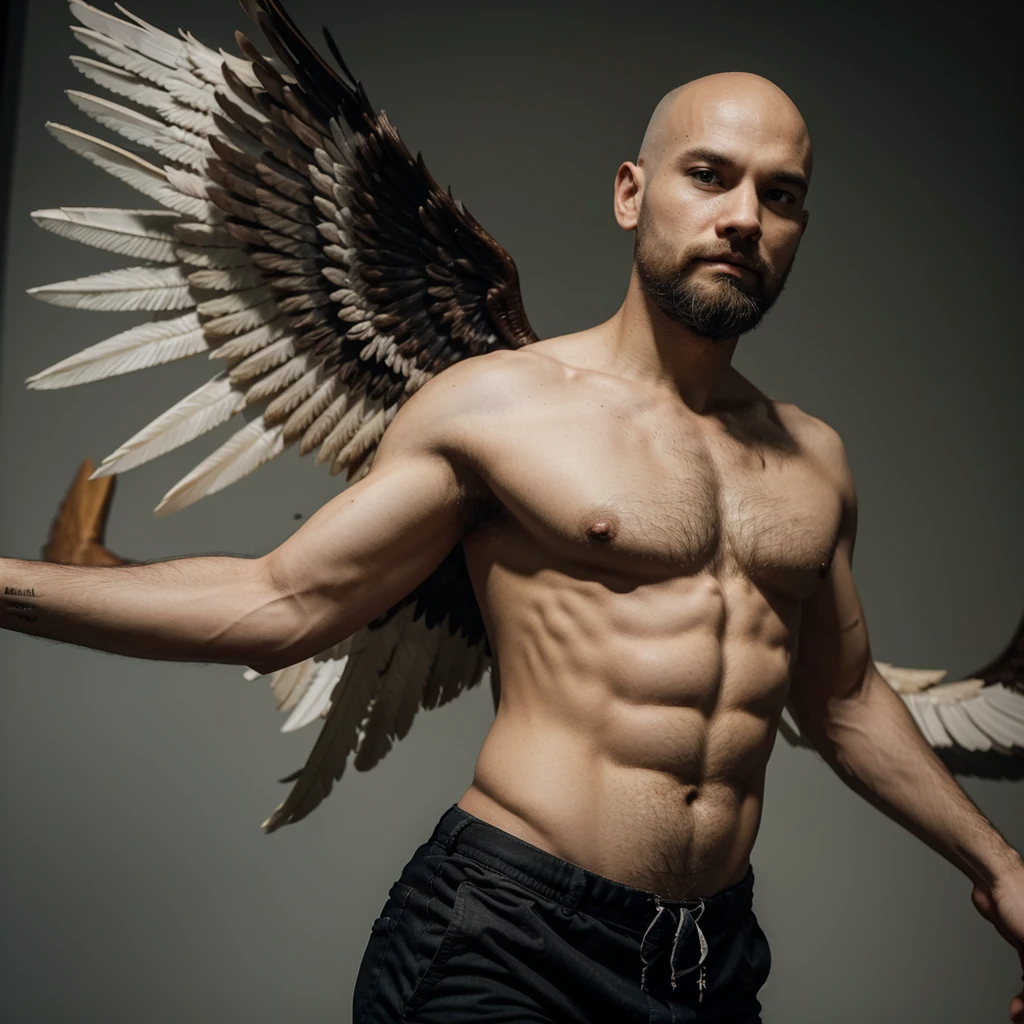 Homem com wings grandes, fully body, medium beard, baldie, skinny man, floating, wings