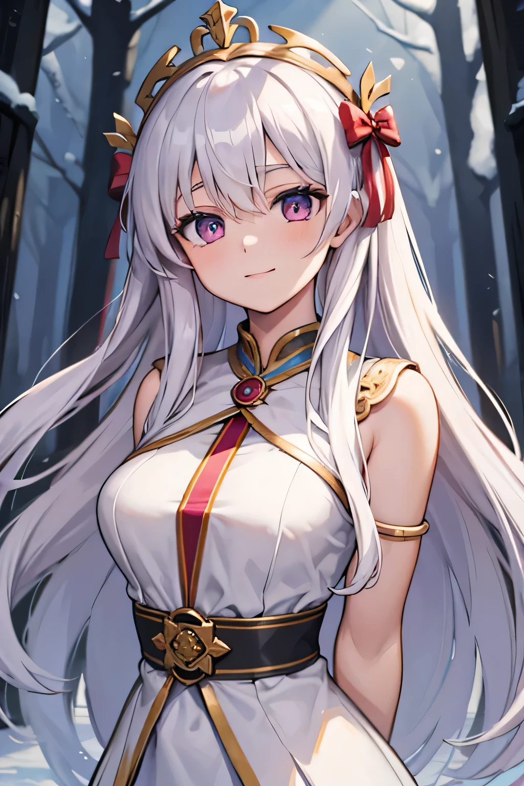 masterpiece, best quality, 16k, 1girl, solo, long hair, light hair, wavy hair, platinum hair, hair bangs, , (medium breasts:1.1), rating:safe, pink eyes, hair between eyes, evil smile, wearing a peplos, ancient greek dress, gold bracelets, arms behind back, head tilt, evil queen, royalty, goddess, majestic, ((outdoors, winter, winter forest)), face only, upper body