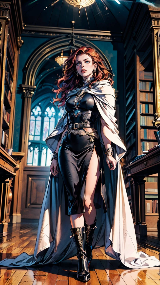a masterwork picture of a sorceress casting a spell in magical library, exquisite beautiful woman, dynamic hair color, dynamic hair style, ((full body shot: 1.5)), ((anatomically correct: 1.5)),  (ultra detailed face: 1.2), best detailed face,  high details, best quality, 16k, [ultra detailed], masterpiece, best quality, (extremely detailed), full body, ultra wide shot, (ultra details, Masterpiece, best quality), fantasy art, dnd art,fantasy art, realistic art,  (ultra details, Masterpiece, best quality), exquisite beautiful human woman (ultra details, Masterpiece, best quality), red hair, long hair, (long black dress: 1.2), (white cloak: 1.3), high heeled boots (ultra details, Masterpiece, best quality) IceMagicAI, Hyperrealism style, rpg portrait
photograph