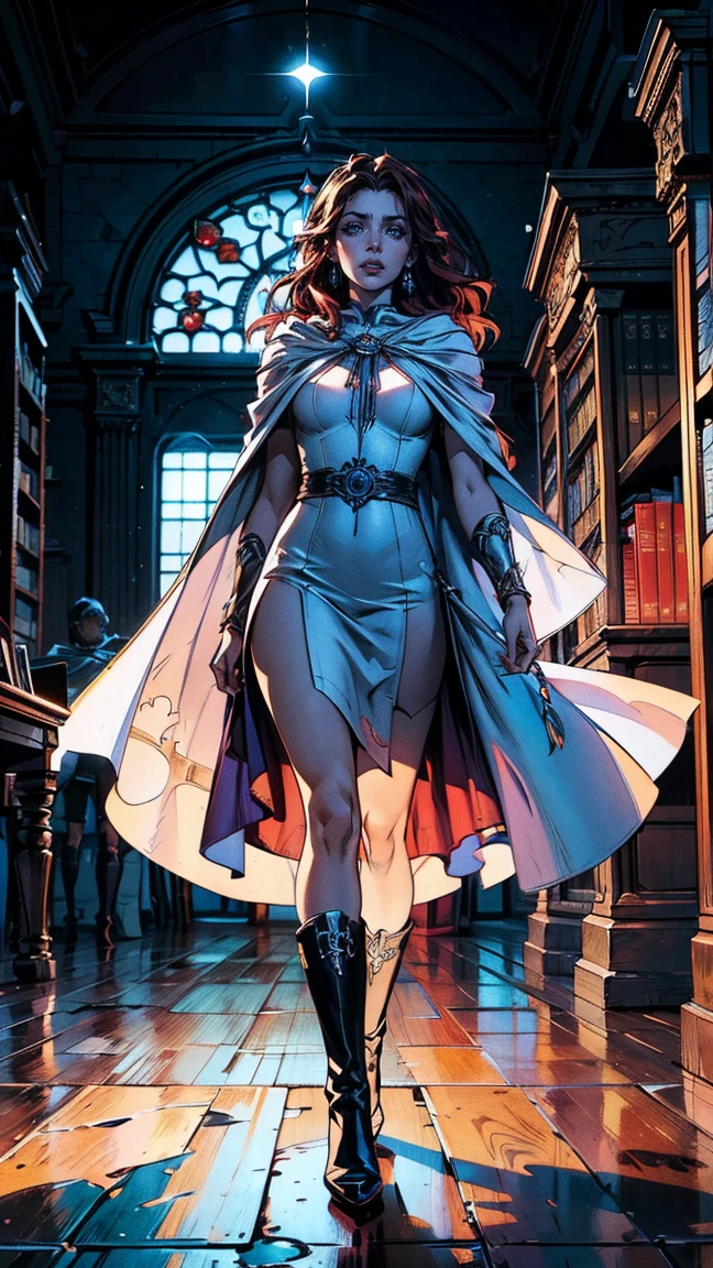 high details, best quality, 8k, [ultra detailed], masterpiece, best quality, (extremely detailed), full body, ultra wide shot, julie bell style (ultra details, Masterpiece, best quality), fantasy art, dnd art,fantasy art, realistic art, a sorceress casting a Glowing Purple spell in magical library (ultra details, Masterpiece, best quality), exquisite beautiful human woman (ultra details, Masterpiece, best quality), red hair, long hair, (long black dress: 1.2), (white cloak: 1.3), high heeled boots (ultra details, Masterpiece, best quality) Glowing Purple