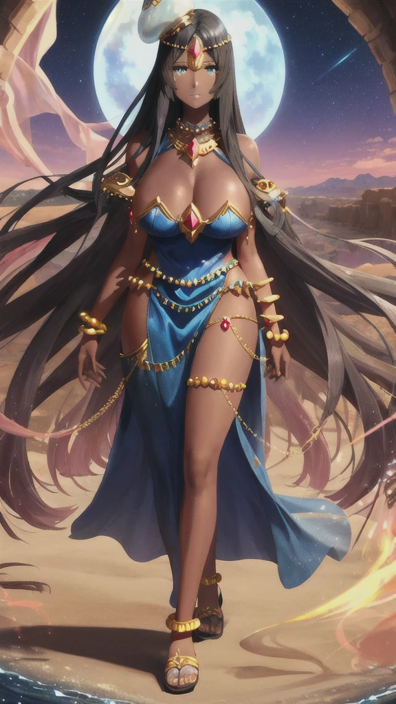 Dark-skinned adult woman with long straight hair, Huge breasts,Gold ruby head chain,blue silk clothing,Bare shoulders,bracelet,transparent long skirt,Bare legs,sandals,Standing,river,desert