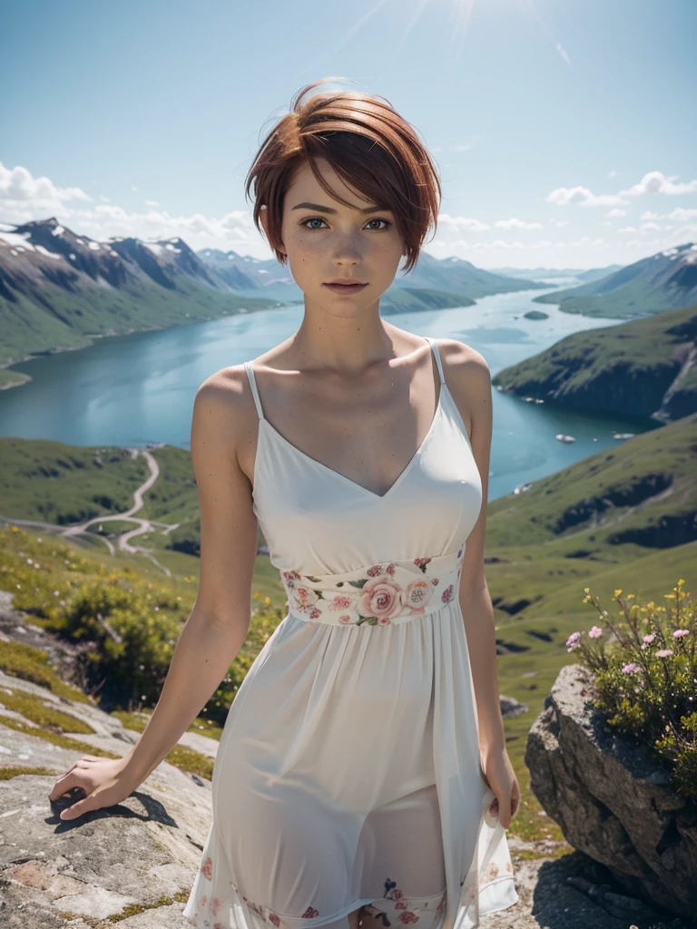 slim feminine figure, redhead, freckles, best quality, realistic skin texture, photography, detailed facial features, film grain texture and high contrast, extremely high-resolution details, photographic, photorealistic, hyper-realistic, HDR, masterpiece, ((short pixie hair)), a white flowy summer dress with flower prints and a v-neck, standing on view point in the Norwegian mountains with a magnificent view, exhausted from walking but very happy