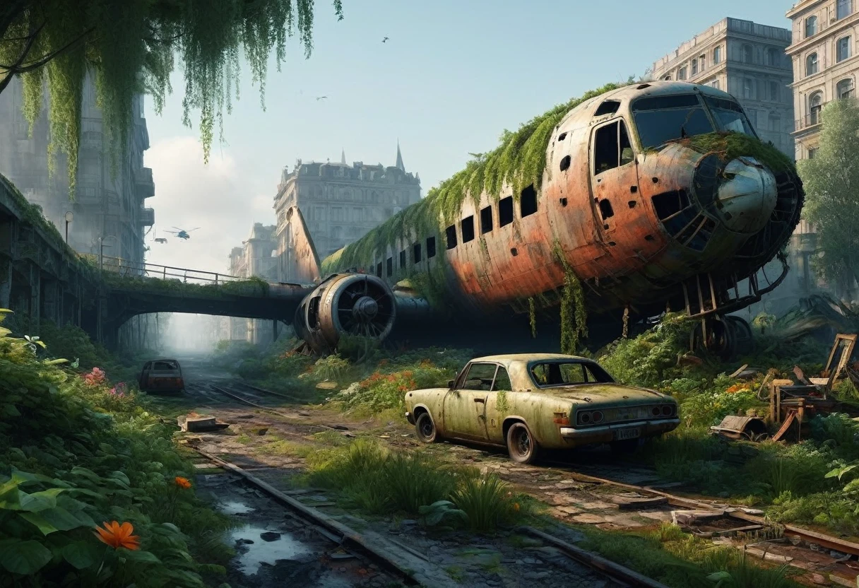 “Create a 3D animation of an abandoned metropolis (2022) in the style of Jakub Rozalski * rusty helicopter covered in moss, showing signs of decay * Intricate details, including texturing and modeling, in ultra-high quality * Render the scene in 8K resolution (7680 x 4320 pixels) with extreme attention to detail The metropolis should be overgrown with lush greenery, vines and flowers, bridges covering buildings and streets. Rusty cars should be in various states of disrepair, with visible corrosion and oxidation. Include subtle lighting and atmospheric effects to create a sense of depth and immersion. Deliver a detailed, seamless, high-quality 3D animation that meets these requirements.”