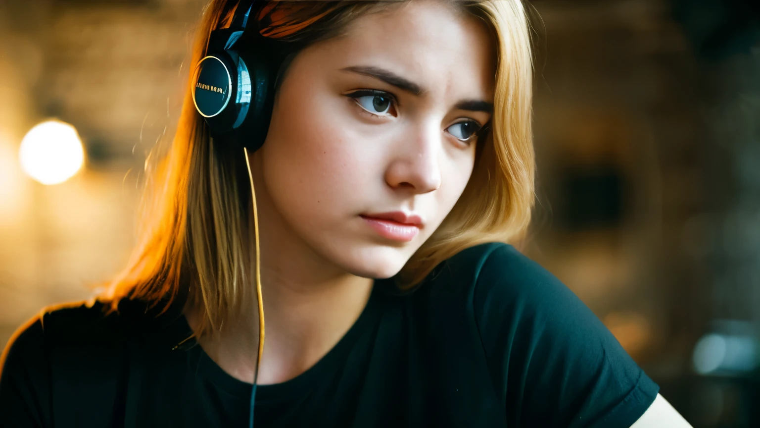 Beautiful blonde with big boobs in a black T-shirt (In the dark ruins, crying tears),Wear headphones,Very detailed, 21 years old, Innocent face, Naturally Wavy Hair, blue eyes, High resolution, masterpiece, Highest quality, Intricate details, Very detailed, Clear focus, Delicate skin, practical skin texture, texture, Delicate eyes, Professional, 4K, Sad crying face, Shot with Canon, 85mm, Shallow and deep,  Kodak Vision Color, that&#39;s right, Very detailed, photograph_\(Extremist\), photographpractical, practical, Post-processing, Maximum details, Roughness, Real Life, Extremist practical, Photorealism, photographgraphy, 8K Ultra HD, photographgraphy