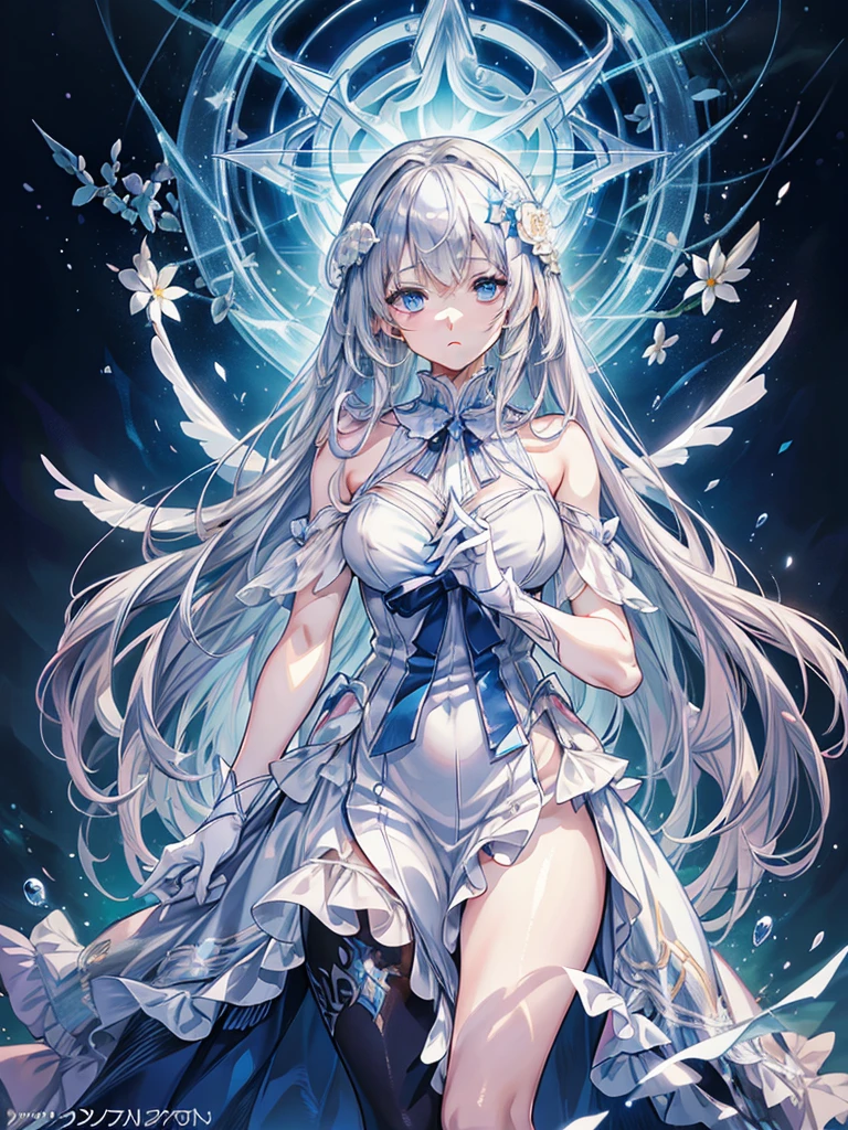 official art, European masterpiece women,, light silver hair , deep blue eyeasterpiece、highest quality、High resolution: 1.4),in 8K, anime art nouveau, Highly detailed exquisite fan art, anime fantasy illustration, clean detailed anime art, detailed anime art, sharp focus of a person, delicate Beautiful Hair and Eyes and Face, realistic, super detailed, flower garden,((delicate, Delicate and cute hands)),((elegant shiny dress)),((lots of races)),((lots of frills)),((lots of ribbons))