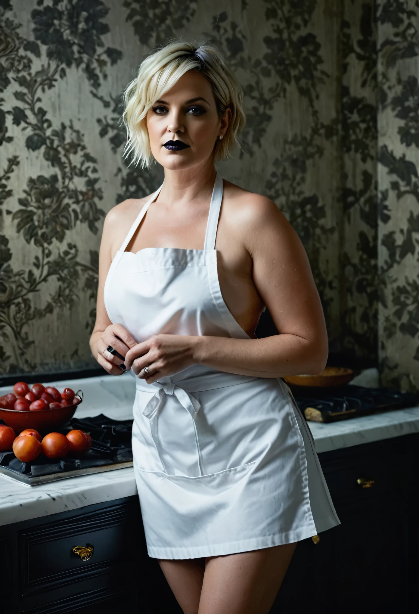 Wearing a naked apron, cooking apron, Looks like Drew Barrymore, extremely gorgeous, stunning beauty, sexiest milf, true milf, milf goddes, smokin' hot, mature lady, 50 years old Woman, sweat, sexy outfit, thick figure, bulky figure, heavy figure, fleshy body, fleshy arms, pawg beauty, thick ass, sensual dress, sexy tank top, ((Master piece, very realistic, best quality, highly detailed, Frontal view, DELICATE, PORTRAIT, WOMAN 50yo, AESTHETIC)) shallow depth of field, realism, photography, good proportions, narrow depth of field, tilt shift look, bokeh, anamorphic look, cinematic, dark and moody, ((a pale white complexion MODE with short WHITE color hair and bangs and smokey eye makeup, BLACK lips)), sweating body, wet skin, wearing black fashion designed by Rick Owens, a dark photograph by Tim Walker and Tom Hoops and Matt Mahurin, a dark liminal space, a desolate seedy hotel room with peeling wallpaper and black painted walls, symbolism, primordial fluids, uneasy feeling, dark occult imagery, melancholic ((very aesthetic))