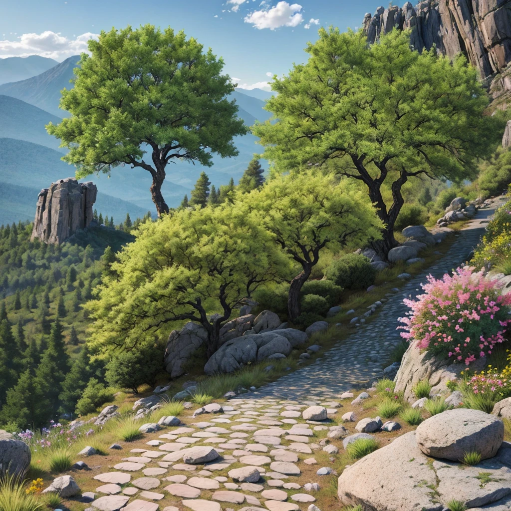 Big 4 apple tree, rock gravel way, ancient landscape with epic high detail big rock ,mountain, green bush and colorful tree and flower, rocky gravel, super high detail, 8k