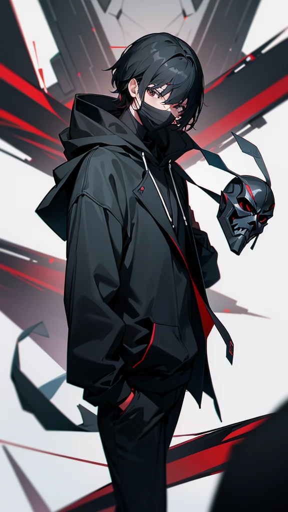 Tall man with black hair wearing black hoodie and black mask