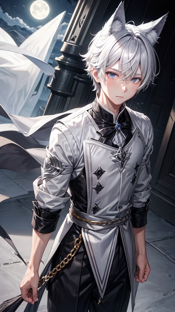 male anime character,(Heterochromia,right eye:Clear yellow eyes, left eye:Fiery iridescent red eyes), Silver Hair, Short Hair, hourglass tip , Clothes in black and white, male ,Wolf Ears,Don't go beyond the frame,Well-built,Upper body only,port, Muscular