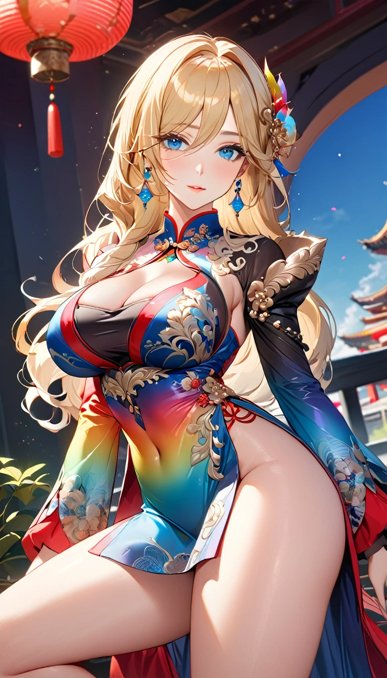 Masterpiece, ultra-high definition, ultra-high quality 8K, incredibly absurd, highly detailed, 2.5D, delicate and dynamic, beautiful woman, intelligent and cool beauty, seductive expression, tight blonde hair, Blue eyes, Very long eyelashes, Very Large Breasts, Beautiful Legs, wearing rainbow gradient sleeve cheongsam with intricate and luxurious embroidery, shiny satin fabric, accessories, best figure, gorgeous and luxurious effect, background aristocratic society