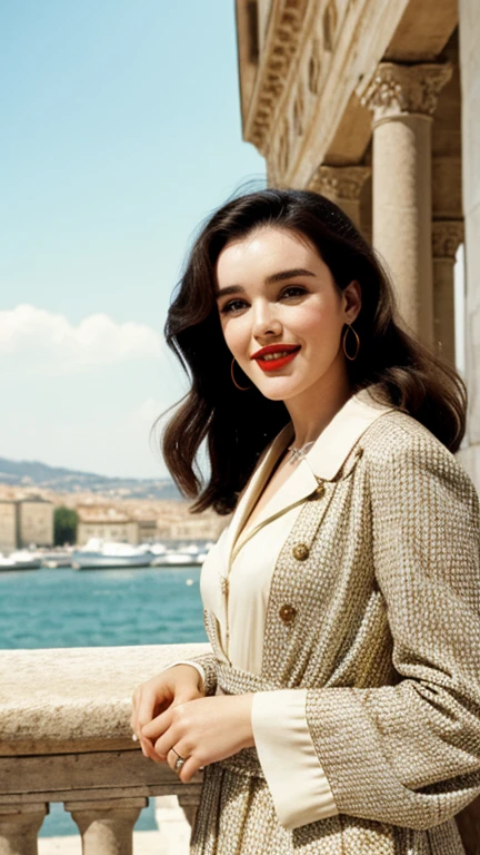 Isabelle Adjani in traditional Marseille clothing sexy with lipstick and smiling