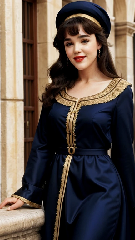 Isabelle Adjani in traditional Marseille clothing sexy with lipstick and smiling