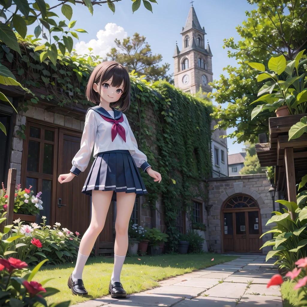 (masterpiece), town, blue sky, One Girl, smile, alone, Sailor suit、Below the knee skirt, Overgrown, petal, plant、Skirt lining、Translucent slip