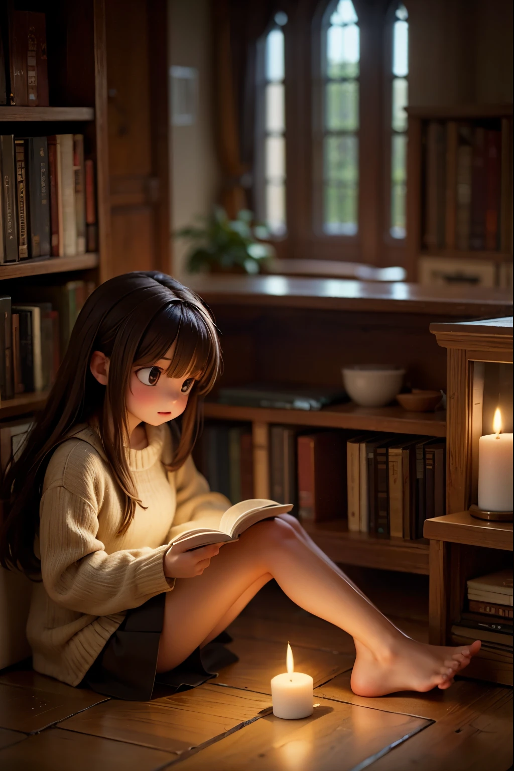 a girl reads a book sitting on the floor illuminated by candles behind her there is a bay window from which you can see the 