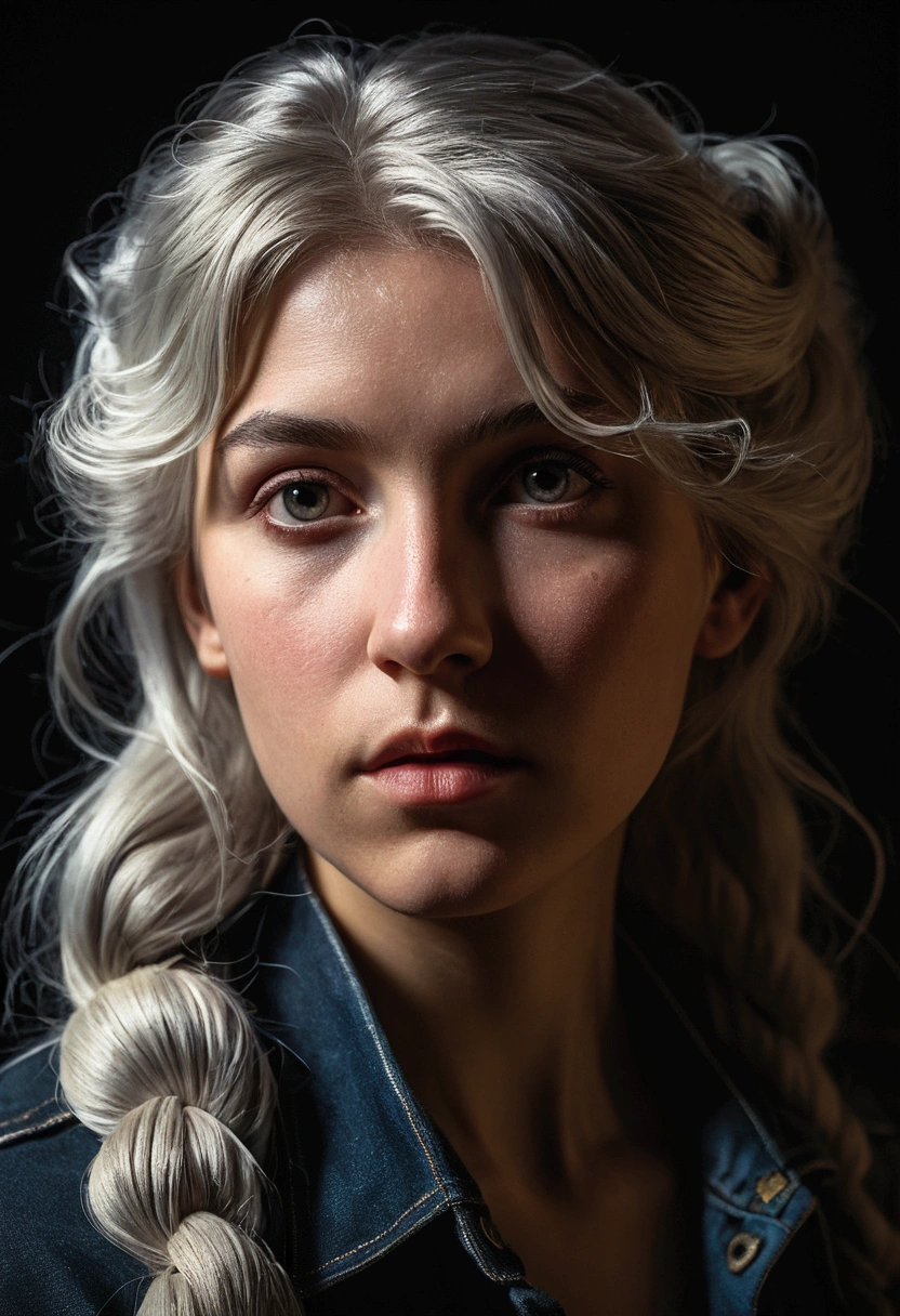 (front focus),(in the dark:1.6), Hyperrealist portrait of female by david hockney and alphonse mucha,fantasy art, photo realistic, dynamic lighting, artstation, poster, volumetric lighting, very detailed faces, 4 k, award winning,, 1girl, in the dark, deep shadow, low key,cowboy shot,(official clothing:1.4) ,long hair,white hair,