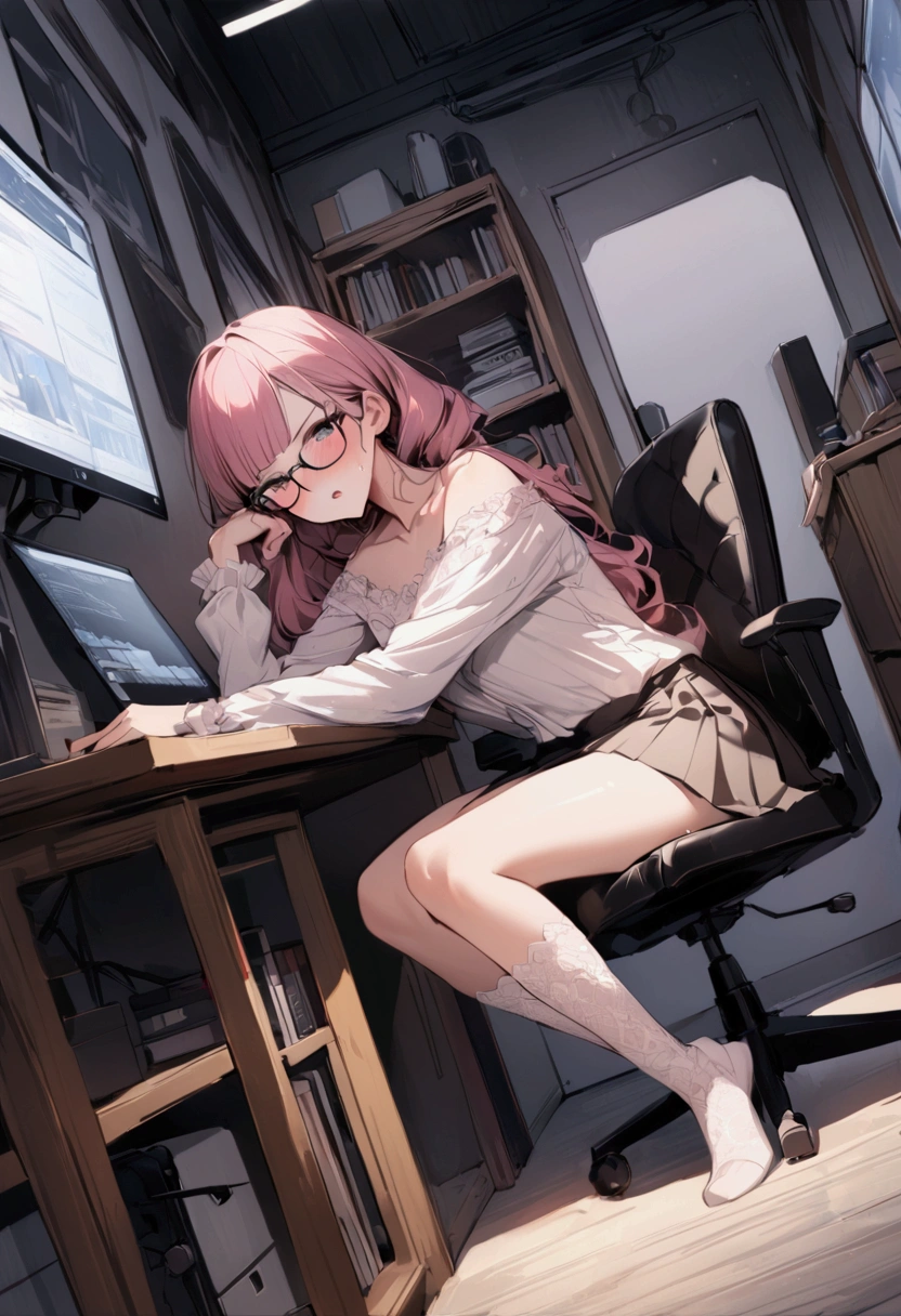 Dynamic composition,dutch angle,full body,Focus on legs,{{masterpiece}}, {{{Highest quality}}},{{Very detailed}},1girl,30years old,{Mature Woman}},otaku obsessed with fighting geeks,,{{Sit on a chair and take a rest}},{{raise one leg}},long-sleeved blouse,shoes,skirt,Lace high socks,glasses,clavicle,,{{v-shaped eyebrows}},Bad mood,blush,Sweat,raise one's eyebrows ,{{View your viewers}}、 pink long hair,Blunt bangs ,indoor、Computer Room