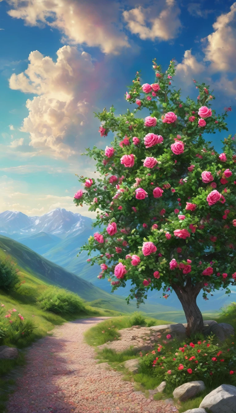 Apple tree, bright cloudy sky, gravel way, green bush, colorful rose flower, rocky mountain, high detail, 8k