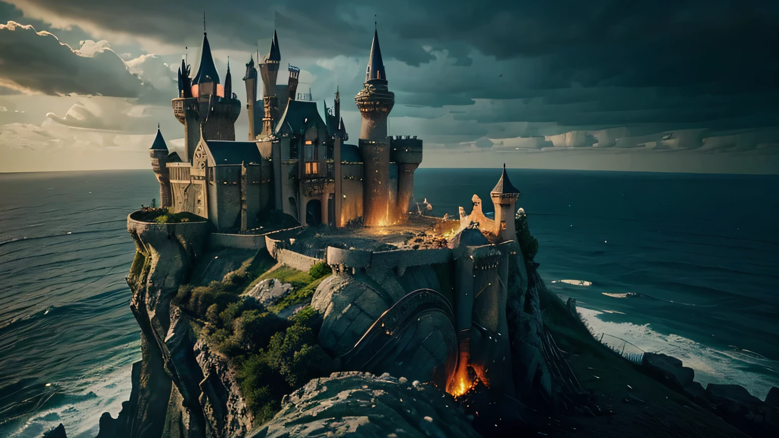 A fantasy castle on top of a cliff, that is located in the distance of a large landscape around the sea, but everything is in a state of chaos and destruction. Have a horror or mystery atmosphere.