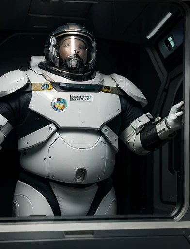 Masterpiece detalhado, Ele está sentado na cadeira de piloto de nave espacial. (((Ele tem o braço direito de robô, Ele está sentando na cadeira pilotando a espaçonave))), 4K, masterpiece, detailded.💚((tmasterpiece)),(((best qualtiy))),(CharacterDesignSheet,Same role,frontage,Lateral face,on back),concept-art,concept art of character,Character sketches,reference sheet,Role table,💚,The captain of the astronauts is a plump, chubby man, extremely thick thighs, a large belly, fat. Passing inside the spaceship laboratory , he checks an analysis under the microscope. His arms are holding digital analysis devices. He wears a spacesuit.