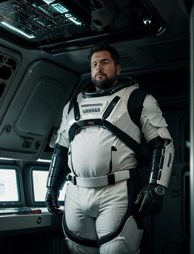 Masterpiece detalhado, Ele está sentado na cadeira de piloto de nave espacial. (((Ele tem o braço direito de robô, Ele está sentando na cadeira pilotando a espaçonave))), 4K, masterpiece, detailded.💚((tmasterpiece)),(((best qualtiy))),(CharacterDesignSheet,Same role,frontage,Lateral face,on back),concept-art,concept art of character,Character sketches,reference sheet,Role table,💚,The captain of the astronauts is a plump, chubby man, extremely thick thighs, a large belly, fat. Passing inside the spaceship laboratory , he checks an analysis under the microscope. His arms are holding digital analysis devices. He wears a spacesuit.
