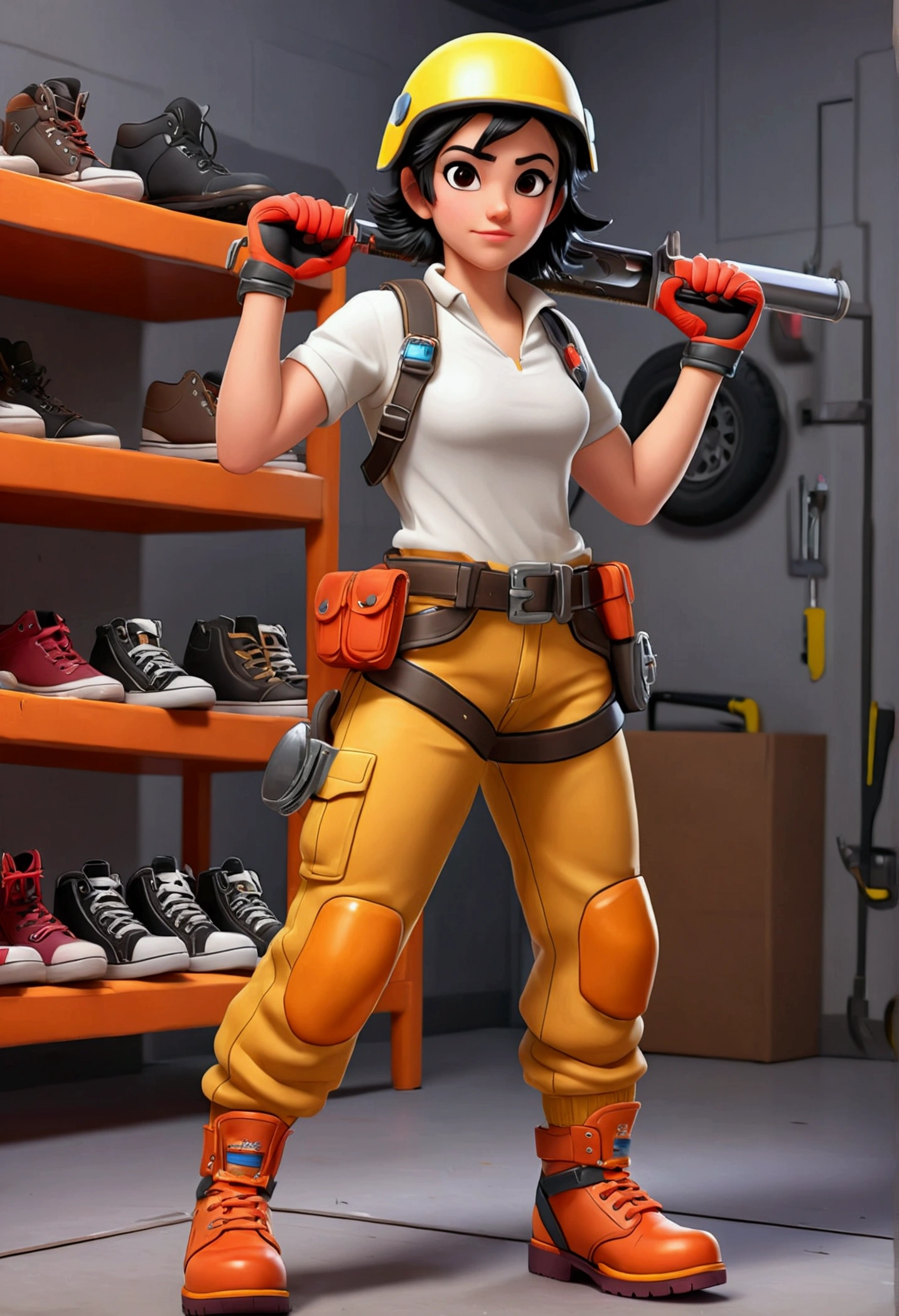 (((masterpiece))),(((highest quality))),(((16k))), Neutral background, Realistic light, (((cartoon))), stylized, (((3d visual))), Vibrant Colors, saturated, (Specialist shooter), fighter, pilot helmet, reflexive tech glass, ((mechanic tools)), jeans pants, basic t-shirt, ((exagerated shoes:1.4)), ((Protective Gear knee colored:1.4)), arm lace, holster, legs holster, kids watch, colored gloves, standing pose, ((mechanic belt)), slingshot, ((young face)), ((exagerated big shoes:1.4)), black hair, ((Teenage body1.4)), standing pose, turn around character