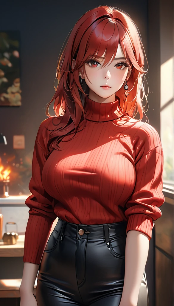 a beautiful woman with long fiery red hair, piercing red eyes, wearing a red sweater and black pants with boots, with a voluptuous figure, (best quality,4k,8k,highres,masterpiece:1.2),ultra-detailed,(realistic,photorealistic,photo-realistic:1.37),intricate details,cinematic lighting,dramatic shadows,oil painting,muted colors,warm tones,chiaroscuro lighting,dramatic pose,intense expression