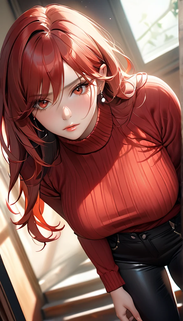 a beautiful woman with long fiery red hair, piercing red eyes, wearing a red sweater and black pants with boots, with a voluptuous figure, (best quality,4k,8k,highres,masterpiece:1.2),ultra-detailed,(realistic,photorealistic,photo-realistic:1.37),intricate details,cinematic lighting,dramatic shadows,oil painting,muted colors,warm tones,chiaroscuro lighting,dramatic pose,intense expression