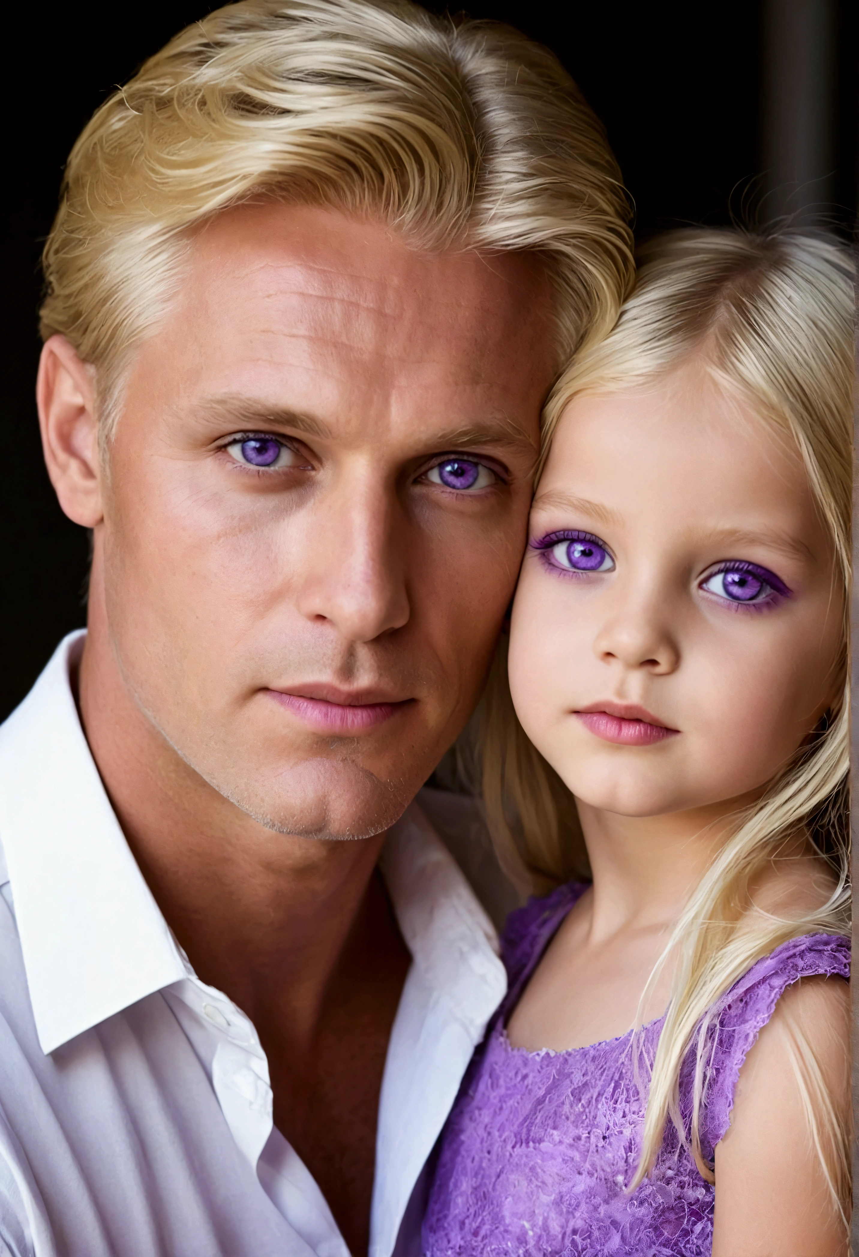 a beautiful man blond father with violet purple eyes , cm your beautiful blonde daughter with ma beautiful blonde with violet purple eyes