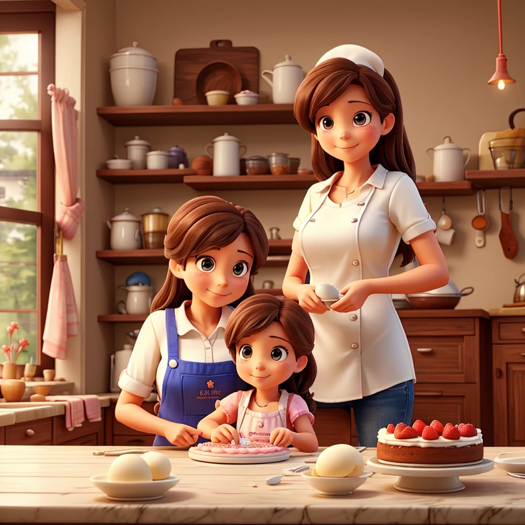Mom and daughter making a cake in their kitchen