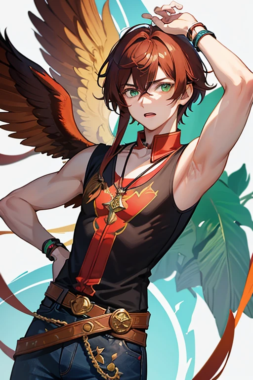 Xiao from Genshin Impact, boy, 18 years old, short reddish brown hair with strands in the bangs, green eyes, open red vest, black t-shirt with golden wings print, necklace with a golden cross, blue jeans, light brown belt, looking straight profile directly to viewer, white background