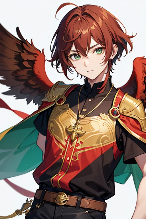Xiao from Genshin Impact, boy, 18 years old, short reddish brown hair with strands in the bangs, green eyes, open red vest, black t-shirt with golden wings print, necklace with a golden cross, blue jeans, light brown belt, looking straight profile directly to viewer, white background