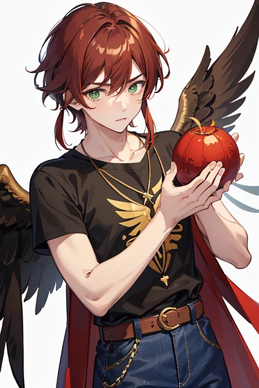 Xiao from Genshin Impact, boy, 18 years old, short reddish brown hair with strands in the bangs, green eyes, open red vest, black t-shirt with golden wings print, necklace with a golden cross, blue jeans, light brown belt, looking straight profile directly to viewer, white background