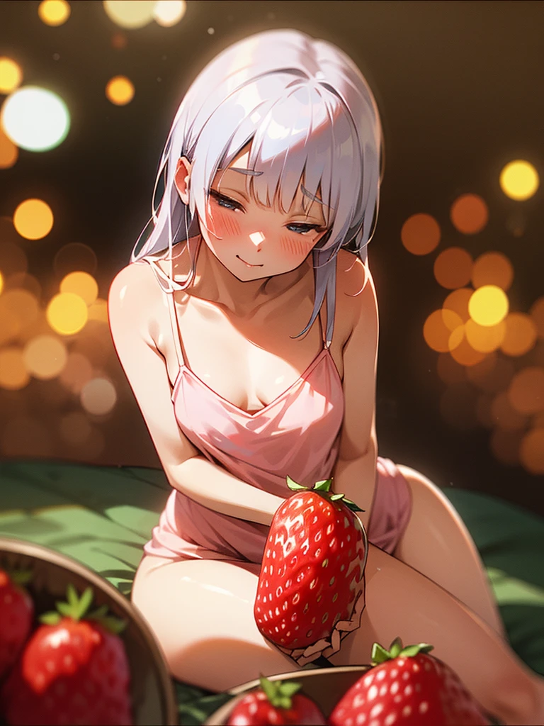 (Sumilux f1.4 50mm , low Latitude old color negative film , cross process , bokeh, flare, chromatic aberration , soft focus, (Shallow focus) , soft glow , Maximum aperture, low Key , Transparent depiction) , (coquettish bbw) , 2 small strawberrys , Caressing the strawberries , Pour condensed milk , Kama Sutra , (hide with strawberry) , camisole , in the milk bowl