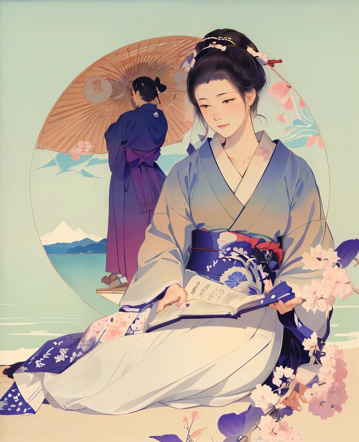 there is a woman sitting on a beach reading a book, by Uemura Shōen, shinsui ito, inspired by Itō Shinsui, Inspired by Uemura Shōen, japanese art, inspired by Hishikawa Moronobu, by Ogata Kōrin, by Matsuno Chikanobu