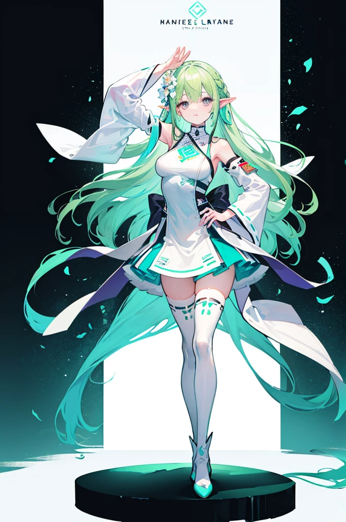 ((Long light green cyan hair))，purple eyes，Broken hair curtain，A faint smile， (chiffon dress, uniform white flower pattern)/= (military uniform: 1.24),(white miko thighhighs), high heeled boots,cropped shoulders，Elf Girl，Super good figure，Color hair cards，Place your hands in front of you，Raise your head slightly，short skirt，(+(white hair flower: 1.14)),((turquoise hair)),green hair,((green hair)),adult,adult,tall,((dynamic angle)),((dynamic pose)),