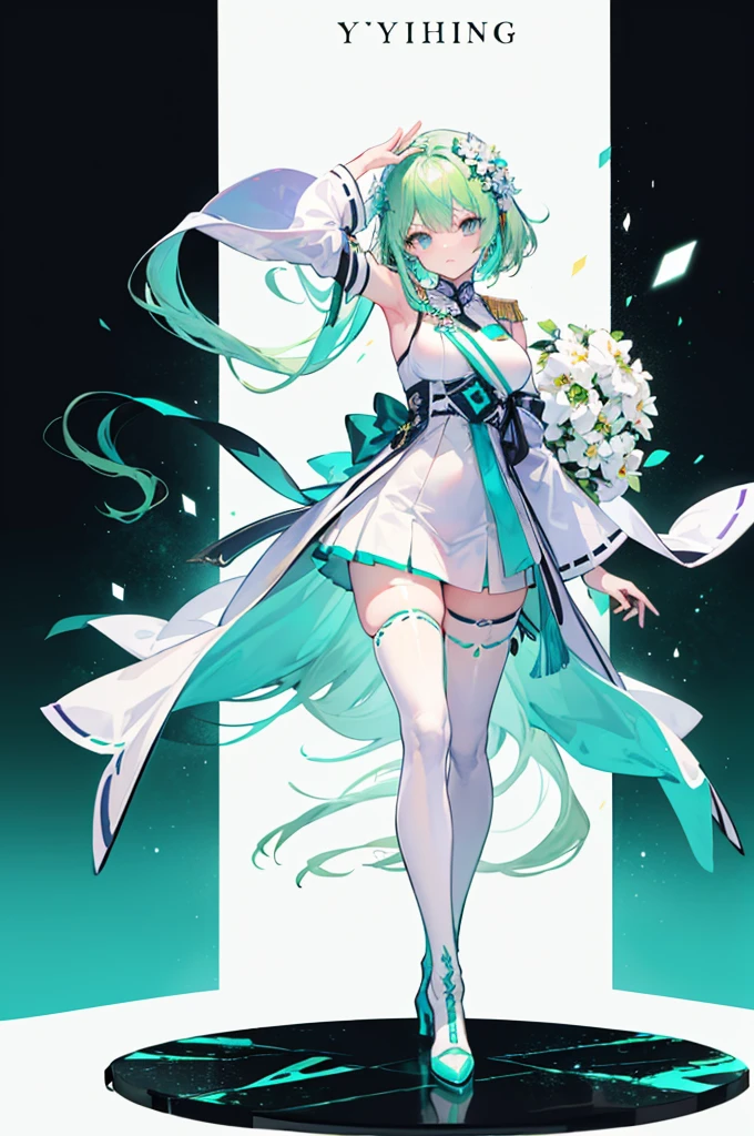 ((Long light green cyan hair)),purple eyes,Broken hair curtain,A faint smile, (chiffon dress, uniform white flower pattern)/= (military uniform: 1.24),(white miko thighhighs), high heeled boots,cropped shoulders,Elf Girl,Super good figure,Color hair cards,Place your hands in front of you,Raise your head slightly,short skirt,(+(white hair flower: 1.14)),((turquoise hair)),green hair,((green hair)),adult,adult,tall,((dynamic angle)),((dynamic pose)),