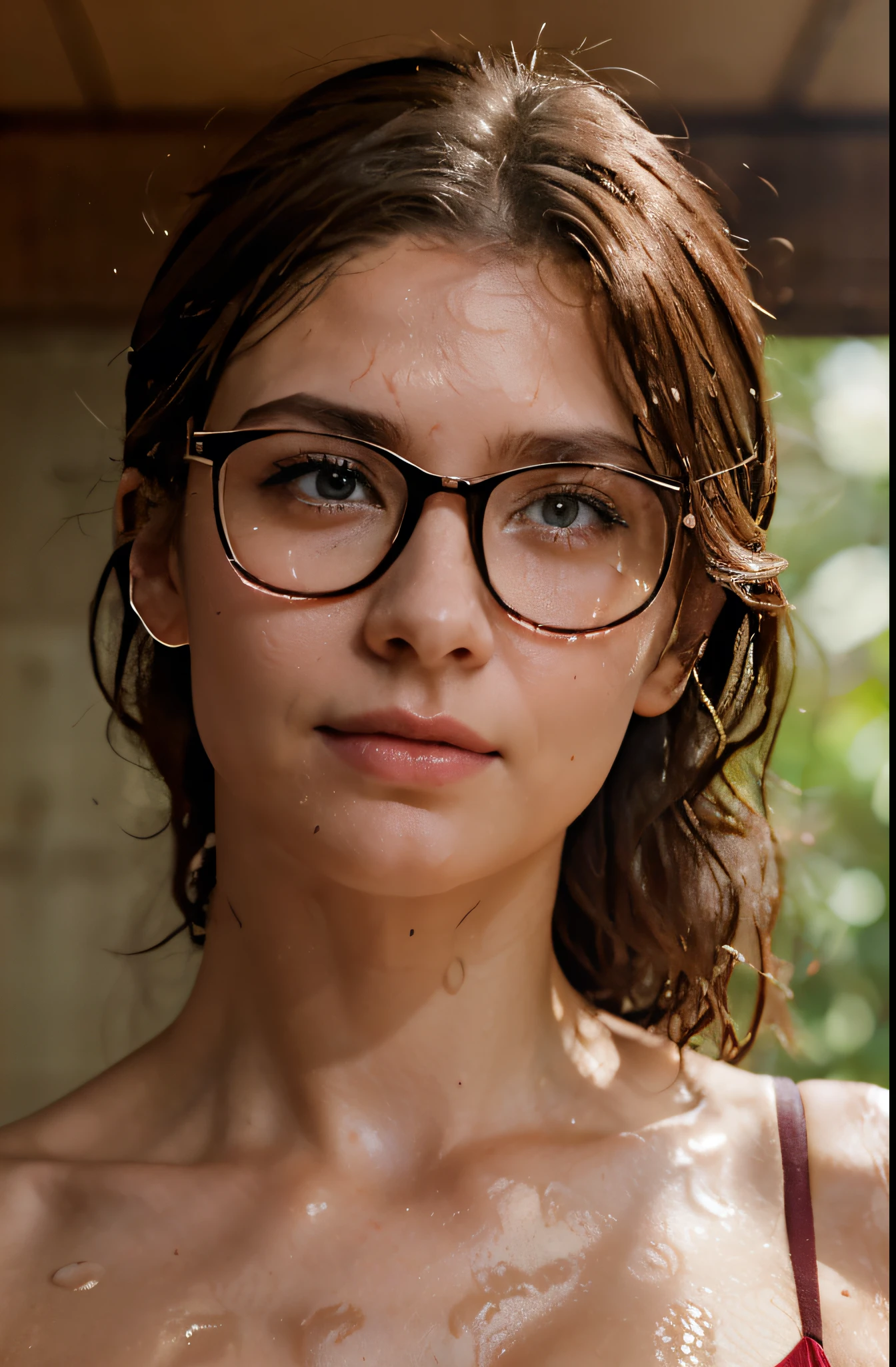 Arafed women, light brown hair, some slightly grey strands, wearing glasses, small lips, realistic skin texture, perfect eyes, realistic green eyes, wearing red lace bra, head facing upwards, looking to ceiling, looking up, water drips from above, eyes partially closed, wet hair, water drops from chin, skin pores, dimples, skin impurities, (older skin 0.8), wearing glasses, small lips, narrow nose, slidely shorter nose