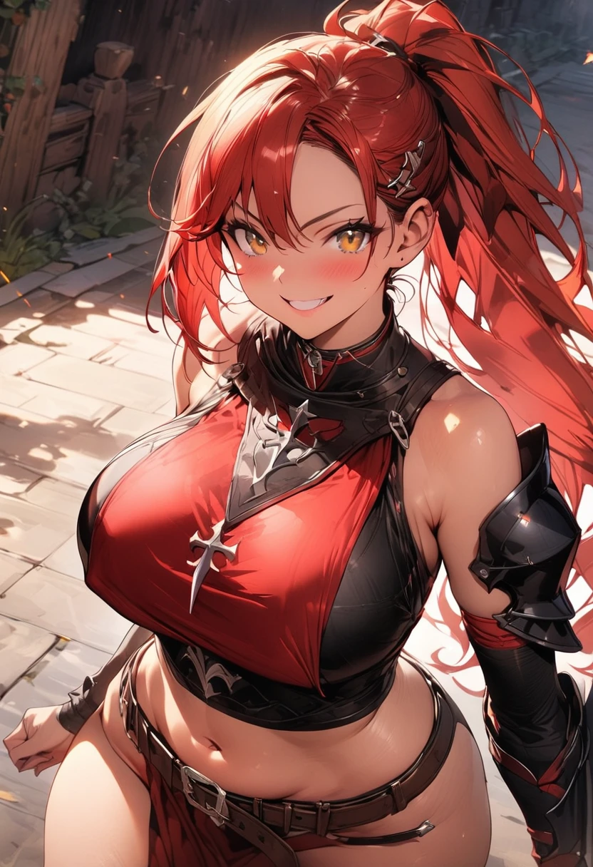 (masterpiece),(best quality),(ultra-detailed),(best illustration),(best shadow),(absurdres),(detailed background),(very aesthetic), knight, long hair, red hair, ((Ponytail)), yellow eyes, perfect face, black armor,, ((exposed arm)), red_ornaments, red_tabard, thong, belt, ((big tits)), exposed belly, smiling, 1girl, strikes, Perfect face, thick thighs, ,add_detail:1, add_detail:0, add_detail:0.5,
