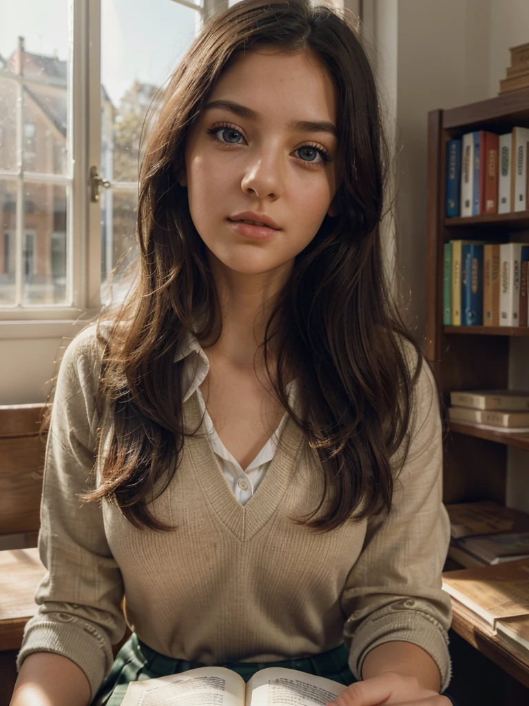 a girl studying at the university, dreamy, in love, beautiful detailed eyes, beautiful detailed lips, extremely detailed eyes and face, long eyelashes, detailed school uniform, sitting in a library, reading a book, sunlight streaming through the windows, soft lighting, warm color tones, cinematic, photorealistic, 8k, high quality, masterpiece