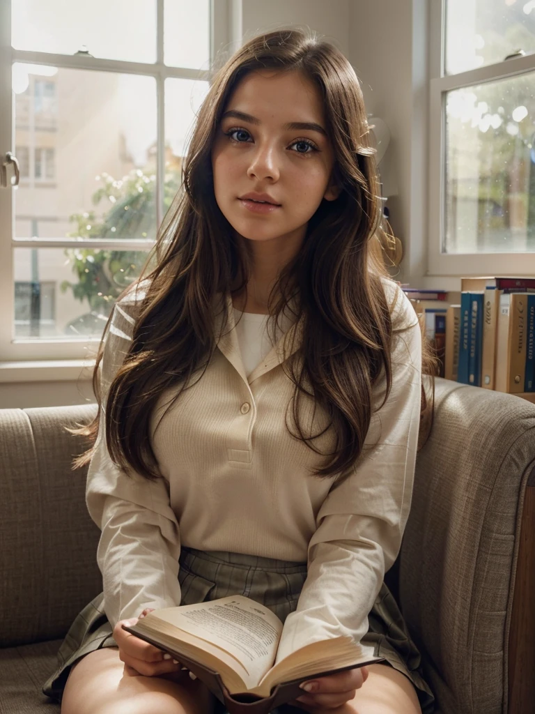 Create a hyper-realistic full body picture of a young  12 year old, very small breast, with wavy brown hair, wearing round glasses and a white pantyhose without underwear. The woman has a fair complexion with subtle freckles, and her hair is partially tied back with a delicate headband. She is looking with a calm, she is seating while spreading legs towards camera, very childish and skinny, showing her pussy. The background features a richly decorated library with wooden bookshelves filled with books, some with gilded spines, and a warm, ambient light. There is also a brass lamp with intricate details on the desk beside her. The overall atmosphere should be cozy and intellectual, with a focus on capturing the fine details and textures in both the woman's appearance and the library setting.
